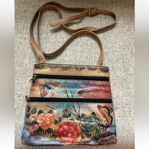 Anuschka Crossbody Bag Handpainted Leather Butterflies Hibiscus purse neutral